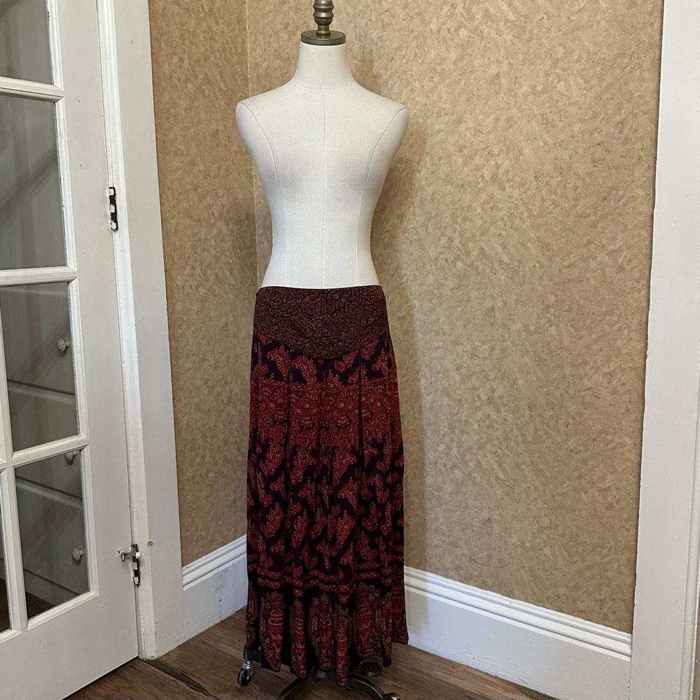 VTG 80s 90s Red Hippie Boho Paisley Floral Pleated Crossover Waist Maxi Skirt